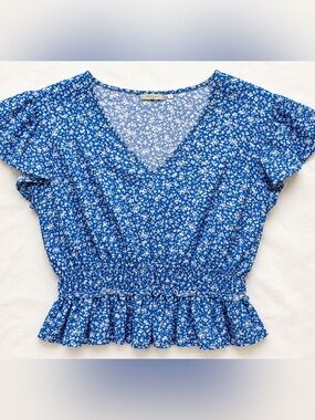 Blue Floral Peplum Crop Top Cottagecore Boho Small